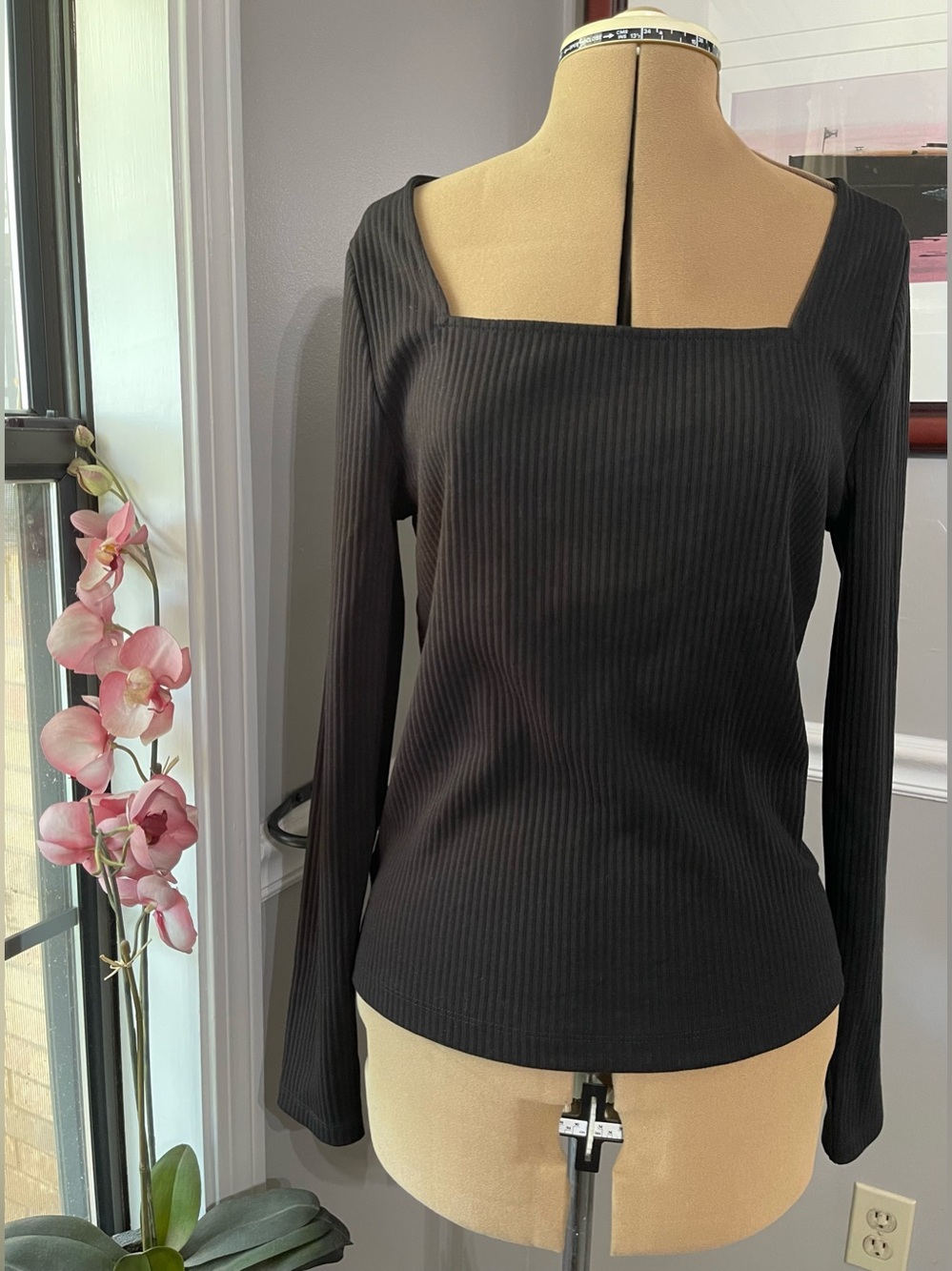 LOFT NWT Black Ribbed Square-Neck Long Sleeve Knit Top. Such a great neckline!